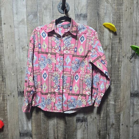 Woolrich Vintage 90s Pink Floral Geometric Print Button Up Shirt - Picture 1 of 3